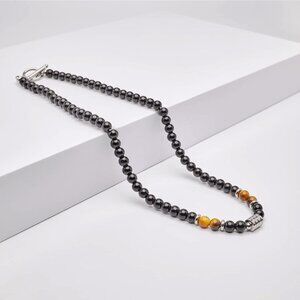 Men's Brown Tiger's Eye & Black Obsidian Gemstone Beaded Toggle Necklace NEW
